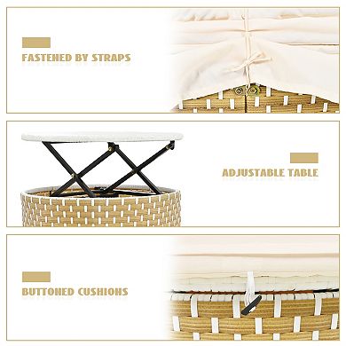 Trikiousd Round Outdoor Patio Daybed Rattan Sectional Sofa Set with Canopy and Adjustable Table