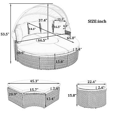 Trikiousd Round Outdoor Patio Daybed Rattan Sectional Sofa Set with Canopy and Adjustable Table