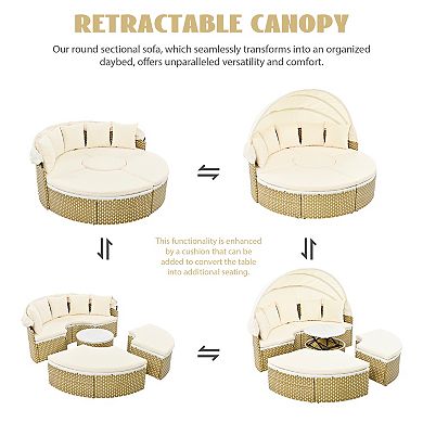 Trikiousd Round Outdoor Patio Daybed Rattan Sectional Sofa Set with Canopy and Adjustable Table