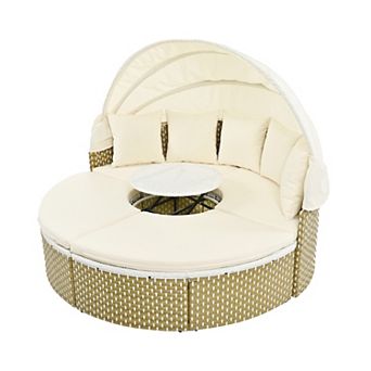 Trikiousd Round Outdoor Patio Daybed Rattan Sectional Sofa Set with Canopy and Adjustable Table