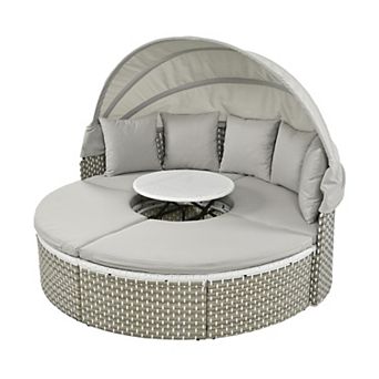 Trikiousd Round Outdoor Patio Daybed Rattan Sectional Sofa Set with Canopy and Adjustable Table