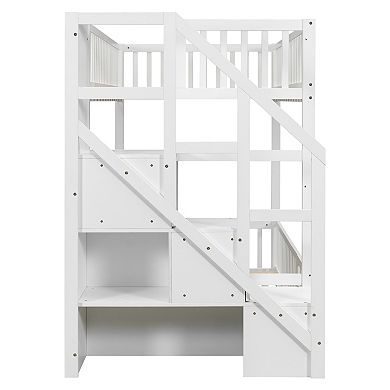 Trikiousd Twin over Twin Floor Bunk Bed Low profile Kids Bed Frame with Storage Ladder