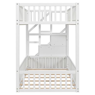 Trikiousd Twin over Twin Floor Bunk Bed Low profile Kids Bed Frame with Storage Ladder