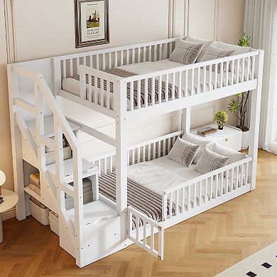 Trikiousd Twin over Twin Floor Bunk Bed Low profile Kids Bed Frame with Storage Ladder