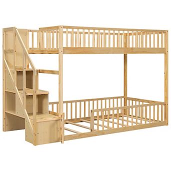 Trikiousd Twin over Twin Floor Bunk Bed Low profile Kids Bed Frame with Storage Ladder