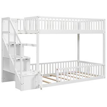 Trikiousd Twin over Twin Floor Bunk Bed Low profile Kids Bed Frame with Storage Ladder