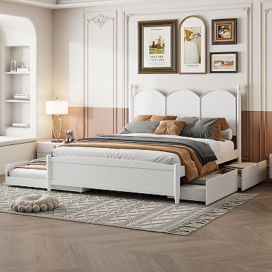 Trikiousd Queen Size Platform Bed Wood Panel Bed Frame with 2 Storage Drawers & Twin XL Size Trundle