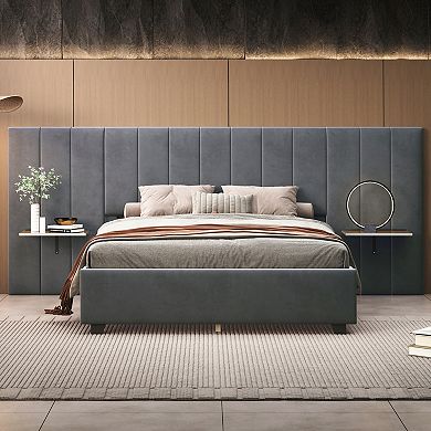 Trikiousd Upholstered Platform Bed with Storage Headboard and Side Shelves