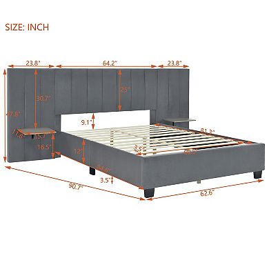 Trikiousd Upholstered Platform Bed with Storage Headboard and Side Shelves