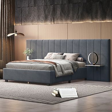 Trikiousd Upholstered Platform Bed with Storage Headboard and Side Shelves