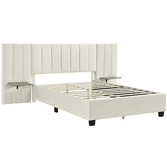 Trikiousd Upholstered Platform Bed with Storage Headboard and Side Shelves