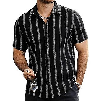 Men’s Summer Striped Button-Down Shirt Short Sleeve Vintage Beach Hawaiian