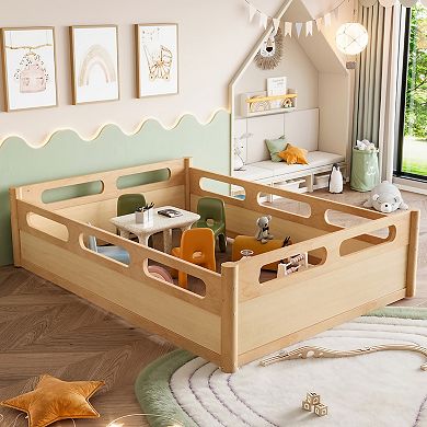 Trikiousd Wood Floor Bed Montessori Bed Frame Full-length Guardrails