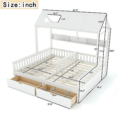 Trikiousd Twin Size Platform Bed w/ Storage Shelves & Drawers, Double Twin House Bed for Kids
