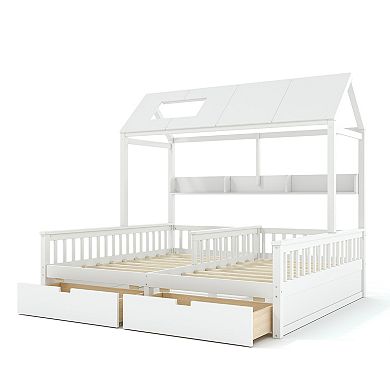 Trikiousd Twin Size Platform Bed w/ Storage Shelves & Drawers, Double Twin House Bed for Kids