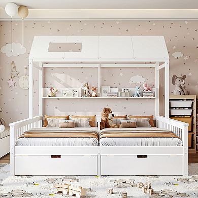 Trikiousd Twin Size Platform Bed w/ Storage Shelves & Drawers, Double Twin House Bed for Kids