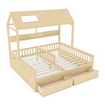 Trikiousd Twin Size Platform Bed w/ Storage Shelves & Drawers, Double Twin House Bed for Kids