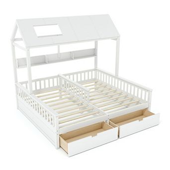 Trikiousd Twin Size Platform Bed w/ Storage Shelves & Drawers, Double Twin House Bed for Kids