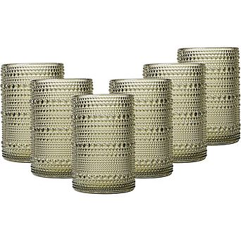 Green Vintage Hobnail Glasses Set of 6, 15 oz Highball & Tumbler Glasses