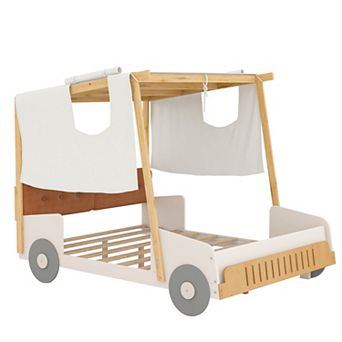 Trikiousd Twin Size Car Shaped Platform Bed Solid Wood Kids Bed Frame w/Back Cushion & Ceiling Cloth