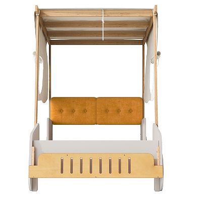 Trikiousd Twin Size Car Shaped Platform Bed Solid Wood Kids Bed Frame w/Back Cushion & Ceiling Cloth