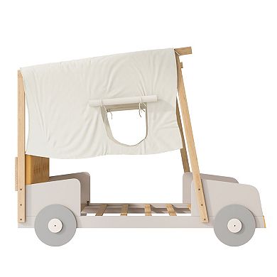 Trikiousd Twin Size Car Shaped Platform Bed Solid Wood Kids Bed Frame w/Back Cushion & Ceiling Cloth