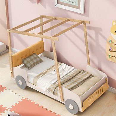 Trikiousd Twin Size Car Shaped Platform Bed Solid Wood Kids Bed Frame w/Back Cushion & Ceiling Cloth