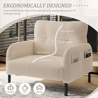 Trikiousd Corduroy Accent Chair Wide Single Sofa Chair with Side Pockets