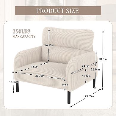 Trikiousd Corduroy Accent Chair Wide Single Sofa Chair with Side Pockets