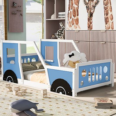 Trikiousd Classic Car-Shaped Children Platform Bed Wood Car Bed Frame with Wheels
