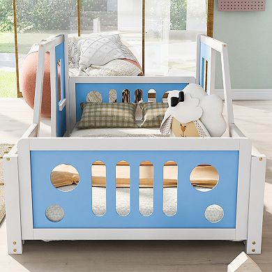 Trikiousd Classic Car-Shaped Children Platform Bed Wood Car Bed Frame with Wheels