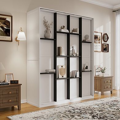 Trikiousd Rotating Queen Size Murphy Bed Wall Bed with Hidden Storage Racks