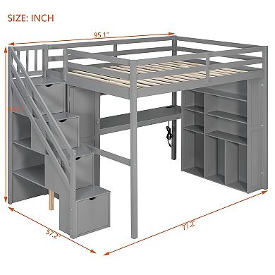 Trikiousd Space-Saving LED Full Size Loft Bed with Wardrobe, Desk & Storage Shelves