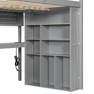 Trikiousd Space-Saving LED Full Size Loft Bed with Wardrobe, Desk & Storage Shelves