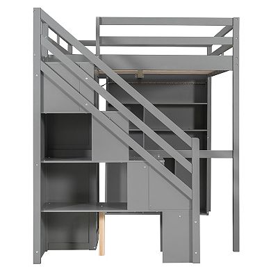 Trikiousd Space-Saving LED Full Size Loft Bed with Wardrobe, Desk & Storage Shelves