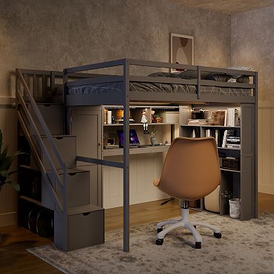 Trikiousd Space-Saving LED Full Size Loft Bed with Wardrobe, Desk & Storage Shelves