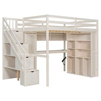 Trikiousd Space-Saving LED Full Size Loft Bed with Wardrobe, Desk & Storage Shelves