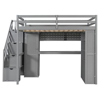 Trikiousd Space-Saving LED Full Size Loft Bed with Wardrobe, Desk & Storage Shelves