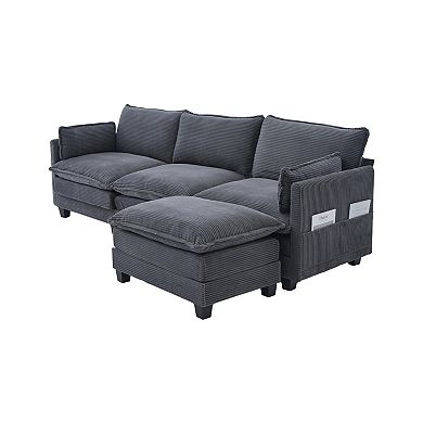 Trikiousd 102" Modular Sectional Sofa with Ottoman, 4 Seat Corduroy L-Shaped Cloud Couch