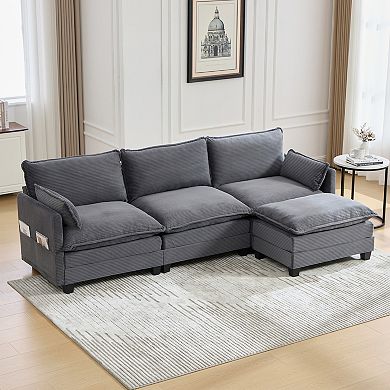 Trikiousd 102" Modular Sectional Sofa with Ottoman, 4 Seat Corduroy L-Shaped Cloud Couch