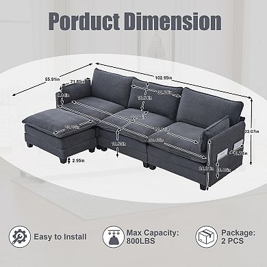 Trikiousd 102" Modular Sectional Sofa with Ottoman, 4 Seat Corduroy L-Shaped Cloud Couch