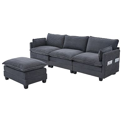 Trikiousd 102" Modular Sectional Sofa with Ottoman, 4 Seat Corduroy L-Shaped Cloud Couch