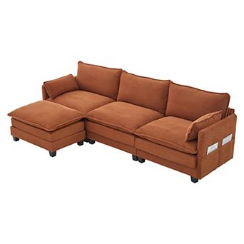 Trikiousd 102" Modular Sectional Sofa with Ottoman, 4 Seat Corduroy L-Shaped Cloud Couch