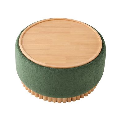 Trikiousd Round Storage Ottoman, Chenille Footrest Solid Wood Base Coffee Table with Reversible Lid