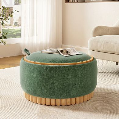 Trikiousd Round Storage Ottoman, Chenille Footrest Solid Wood Base Coffee Table with Reversible Lid