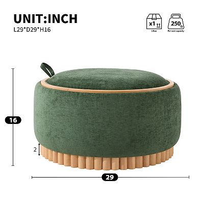 Trikiousd Round Storage Ottoman, Chenille Footrest Solid Wood Base Coffee Table with Reversible Lid
