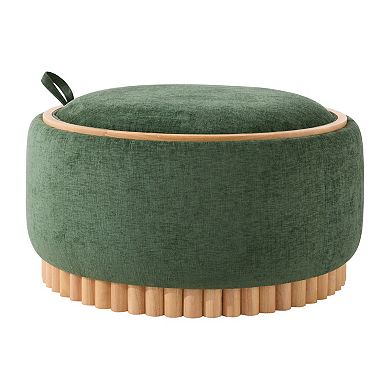 Trikiousd Round Storage Ottoman, Chenille Footrest Solid Wood Base Coffee Table with Reversible Lid