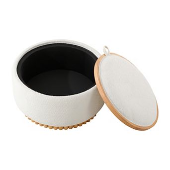 Trikiousd Round Storage Ottoman, Chenille Footrest Solid Wood Base Coffee Table with Reversible Lid