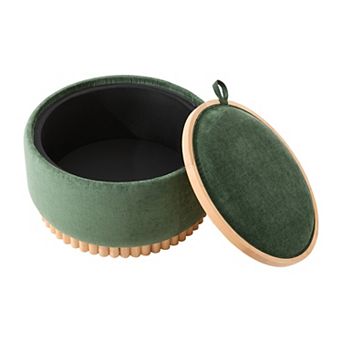 Trikiousd Round Storage Ottoman, Chenille Footrest Solid Wood Base Coffee Table with Reversible Lid