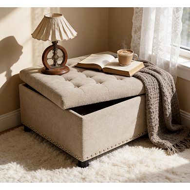 Trikiousd Storage Ottoman Nailhead Trim Ottoman Square Upholstered Footstool Coffee Table